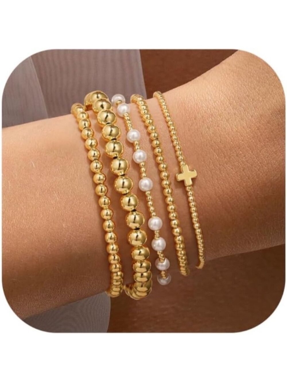 Women's "Bead Pearl Cross - 5pcs 14K Gold Plated Bead & Pearl Bracelet Stack Set